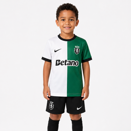 Conjunto Infantil STROMP – Quarto Equipamento Branco/Verde 2025/26