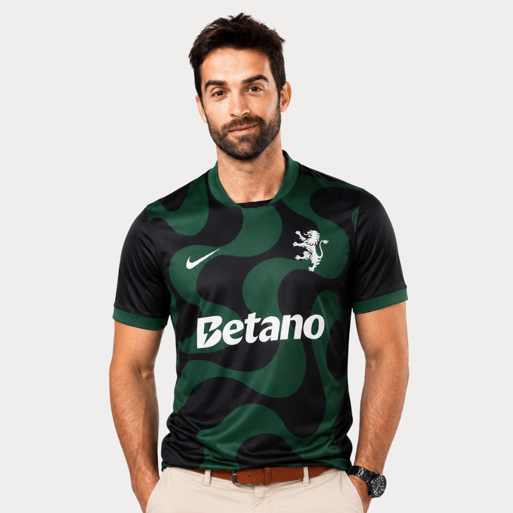 Camisola Alternativa Preta e Verde 2025/26